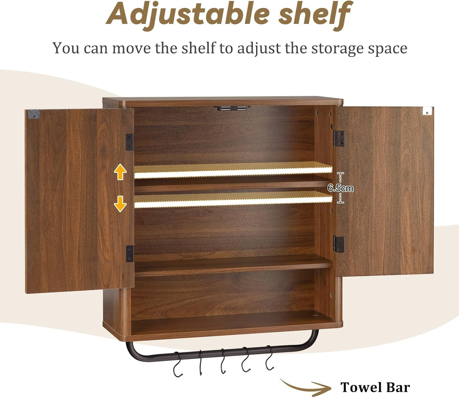 Deep Kitchen & Bathroom Wall Cabinet with Adjustable Shelves & Hooks, Walnut