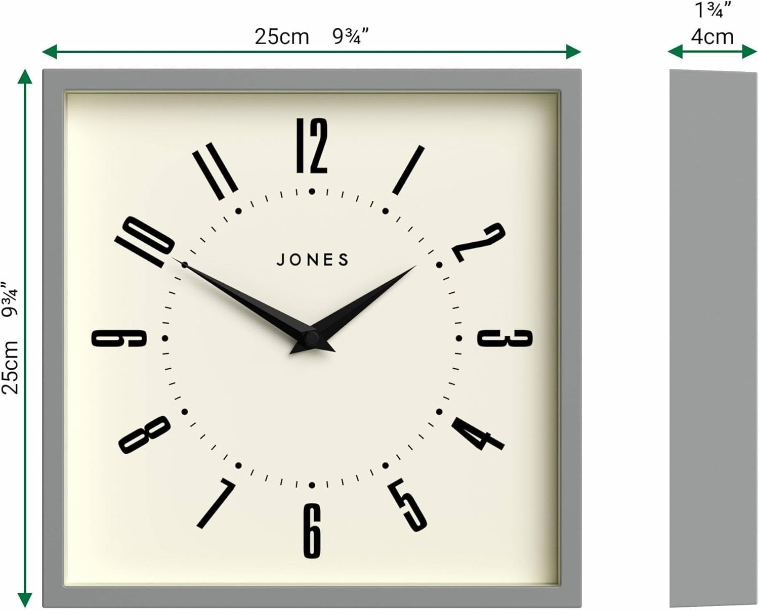 25cm Grey Square Wall Clock Retro Silent Quartz Easy Read Numbers Kitchen Office