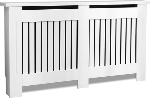 Large White Radiator Cover Cabinet | MDF Wood Slatted Heating Shelf