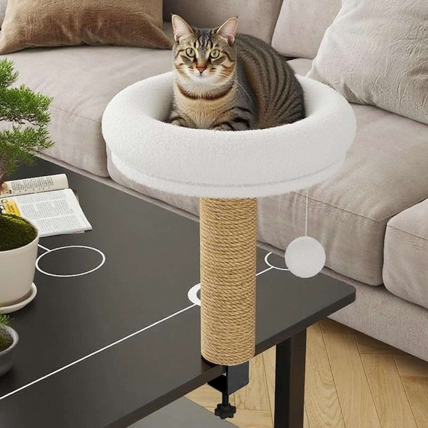 360° Rotating Cat Desk Hammock Sisal Scratcher Plush Perch Bed
