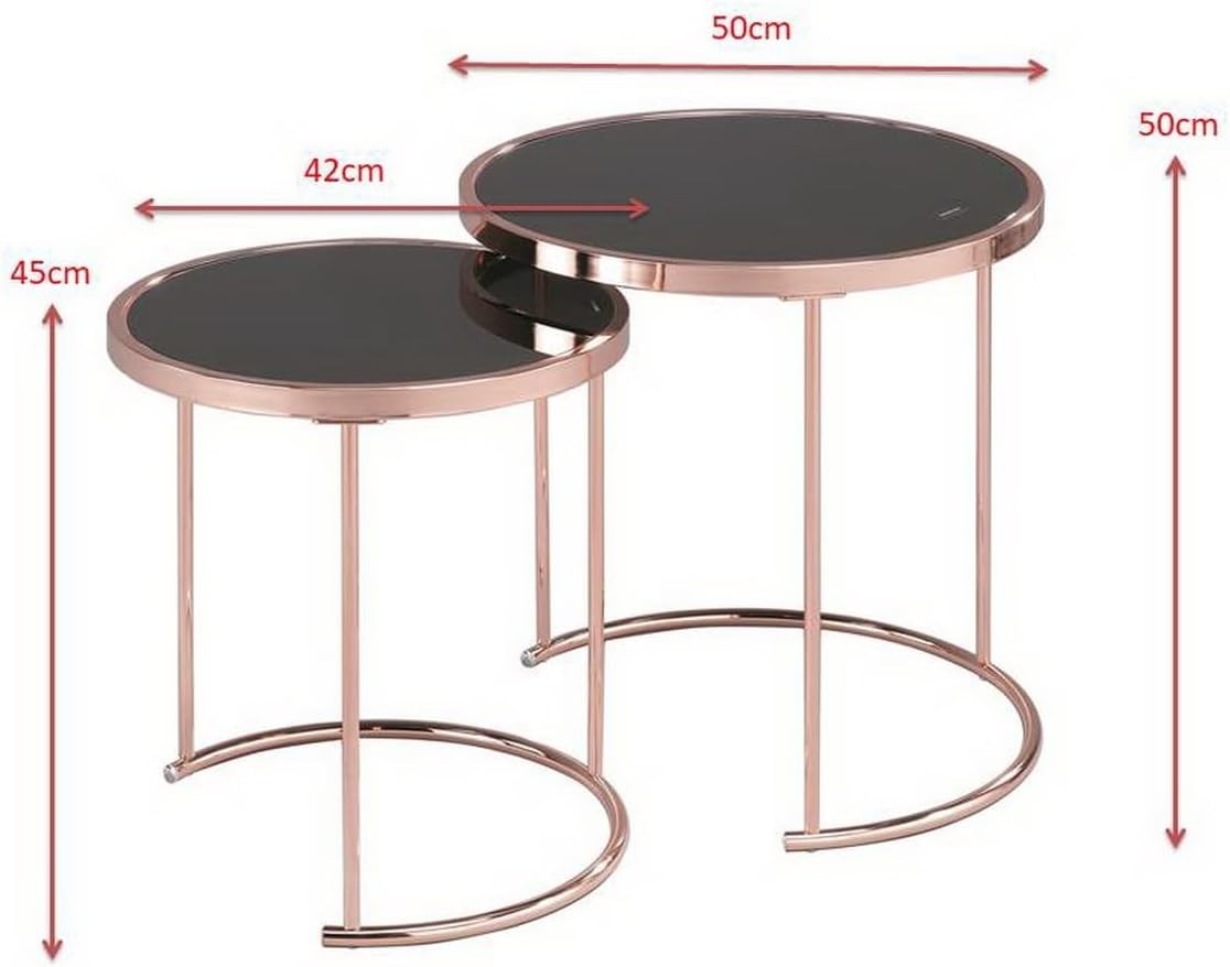 2x Modern Copper/Black Nesting End Tables Glass Top Side Coffee Set Round