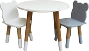 Kids Table and 2 Chairs Set Wooden Toddler Bear Shape Round Play Snack White