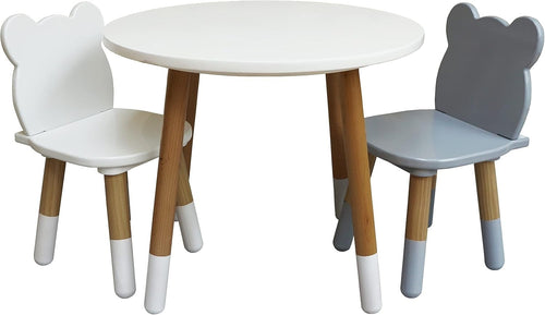 Kids Table and 2 Chairs Set Wooden Toddler Bear Shape Round Play Snack White