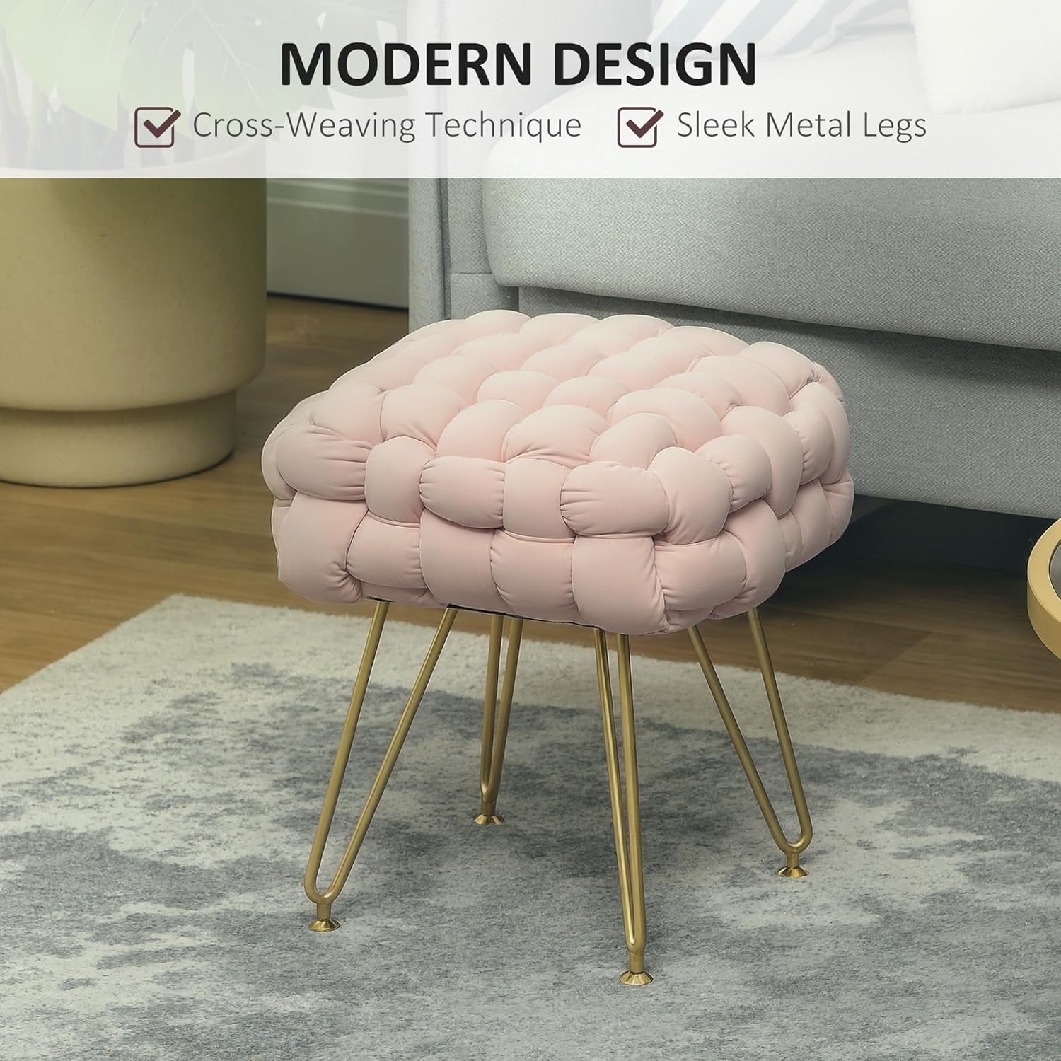 Pink Square Footstool Woven Velvet Ottoman Metal Leg Vanity Makeup Seat