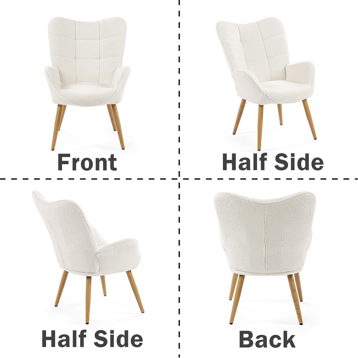 Beige Wingback Armchair Sherpa Fleece Lounge Chair, Padded & Wooden Legs
