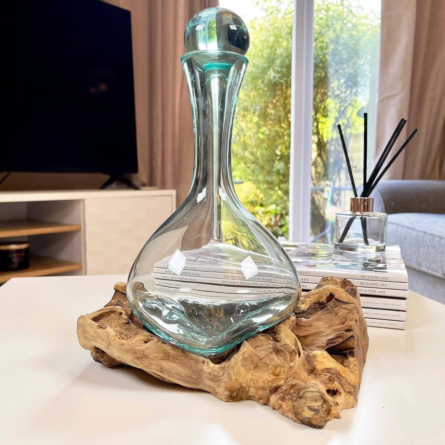 Handmade Molten Glass Whisky Decanter With Teak Root Stand Art Gift