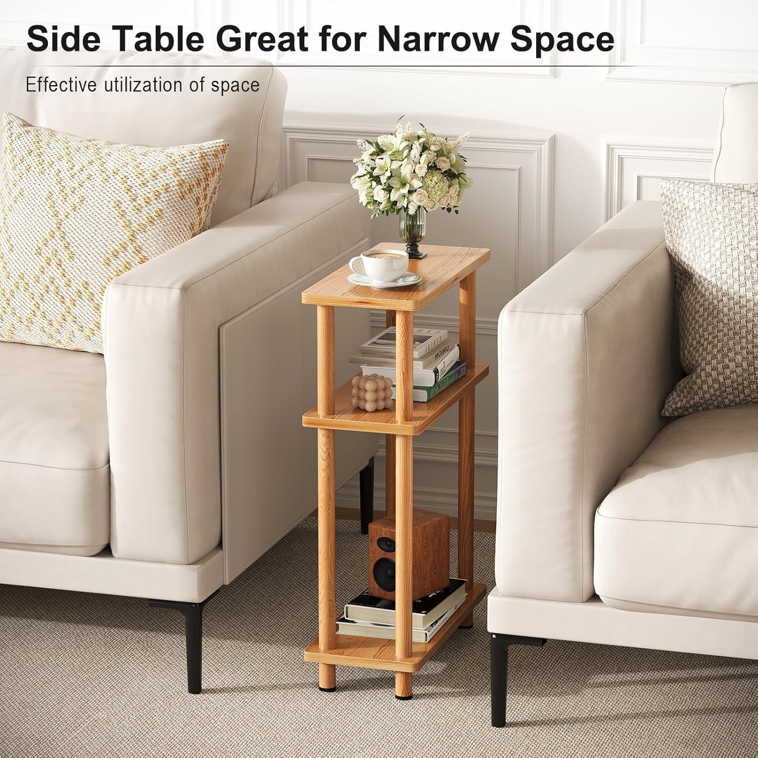 Slim 3-Tier Side Table, Space-Saving Narrow End Table for Living Room, Oak