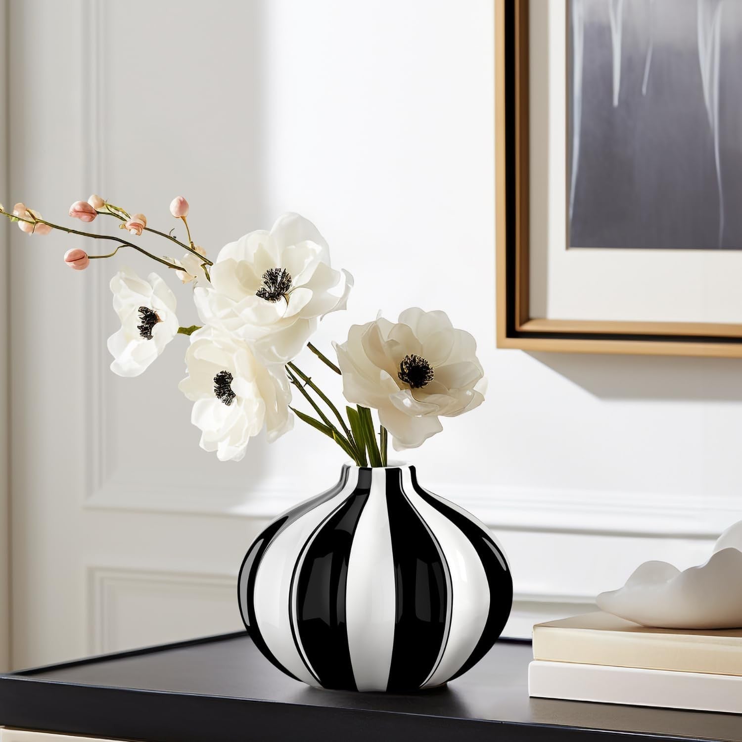 Black White Ceramic Vase Modern Striped Table Decor Round Flower Vase