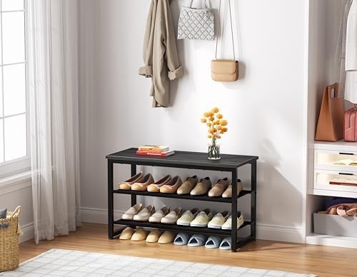 Black 3 Tier Shoe Rack Bench with Wooden Seat Metal Frame Storage Shelf 75x29x46