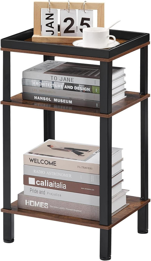 Slim 3-Tier Side Table Narrow End Table with Metal Tray & Wood Shelves