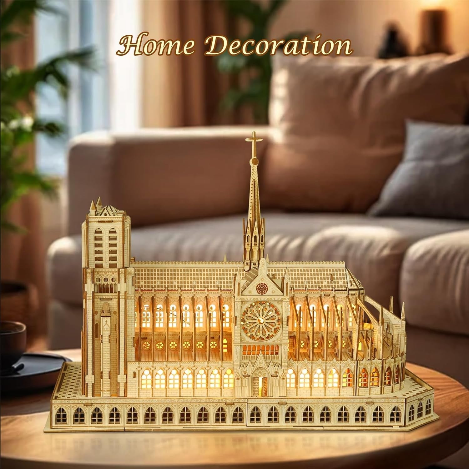 3D Wooden Notre Dame Puzzle with LED Light, DIY Architectural Model Kit