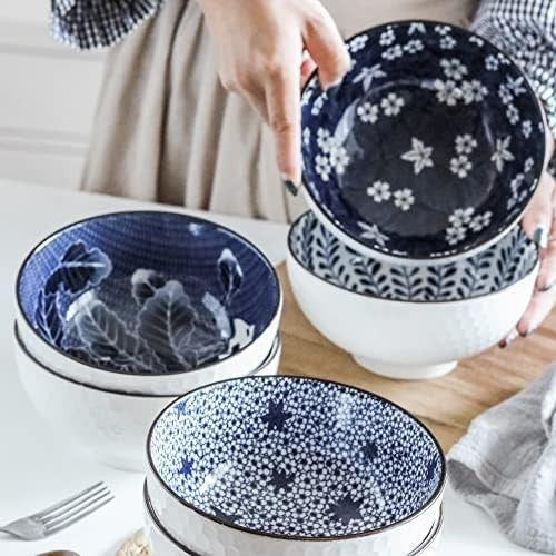 Japanese Ceramic Cereal Bowls Set of 6 – Microwave & Dishwasher Safe, 24oz