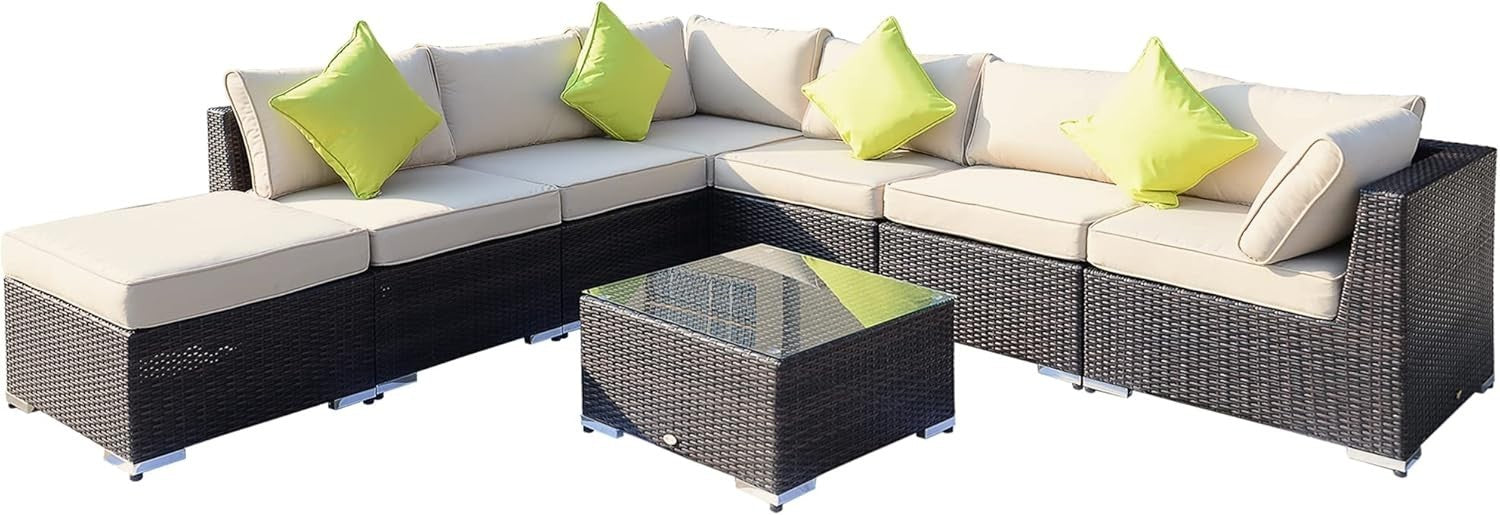 8 Seat Brown Rattan Garden Corner Sofa Set w/ Cushions & Glass Table