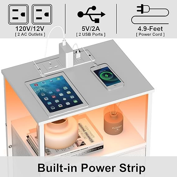 Modern LED Bedside Table with Charging Station & 2 Drawers – White Storage Unit