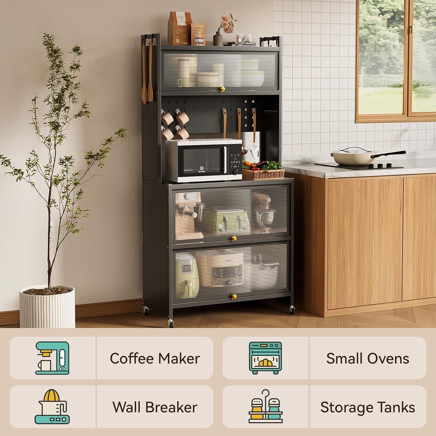 5-Tier Kitchen Storage Cabinet with Flip Door & Wheels Grey | 80x40x162cm