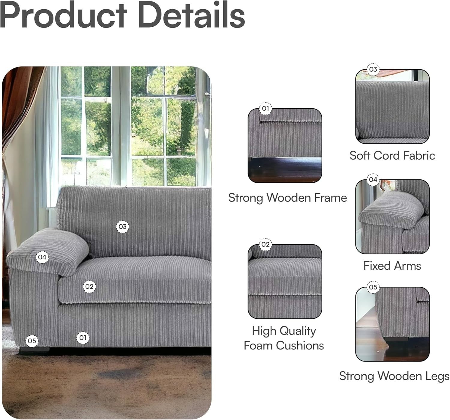 3+2 Grey Jumbo Cord Sofa Set Deep Seats Ultra Soft Cushions Comfort