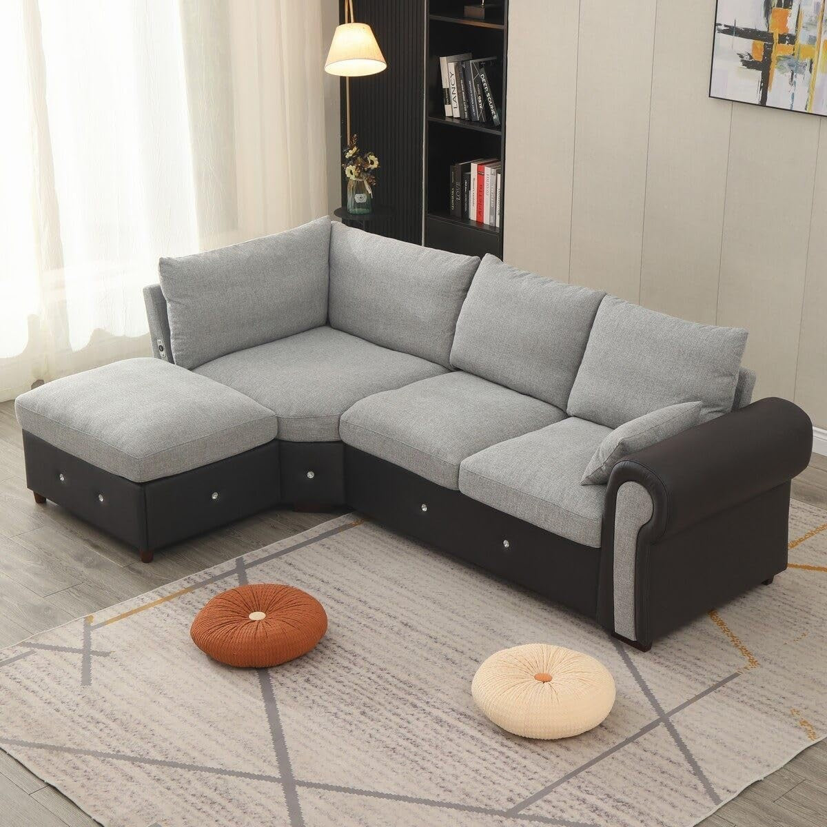 4 Seater Corner Sofa with USB Port & Chaise – Faux Leather Linen, Sturdy Frame
