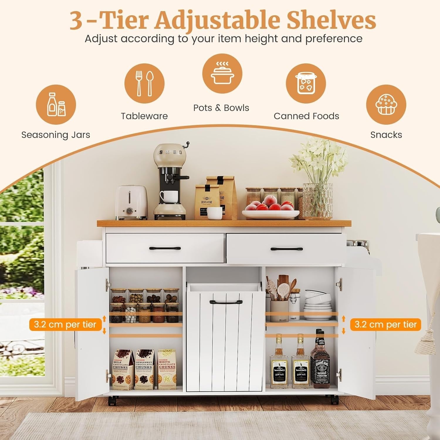 Mobile Kitchen Island Cart with Trash Storage, Adjustable Shelves.