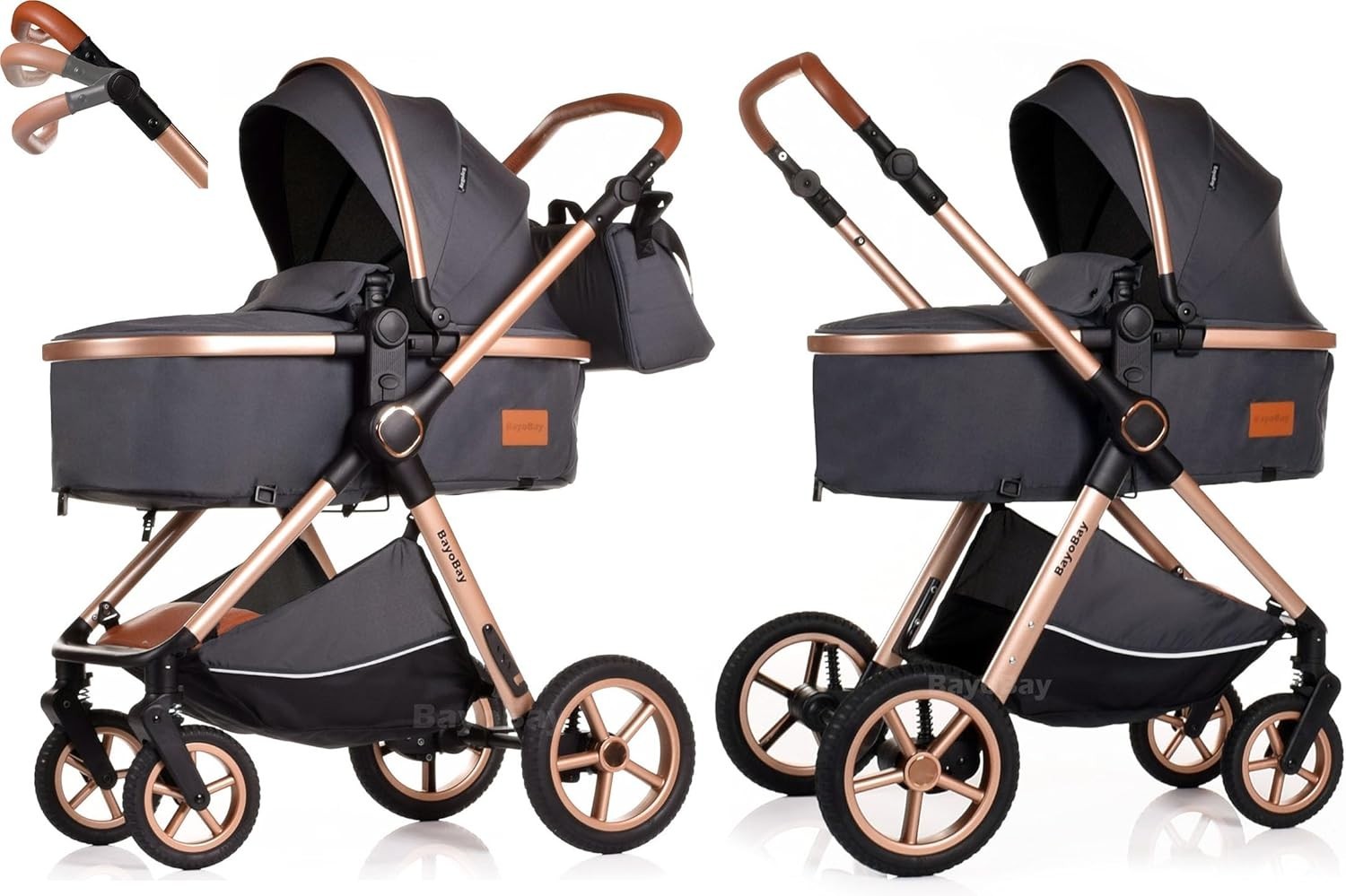 3in1 Baby Pram Travel System Pushchair with Car Seat Foldable Grey Gold