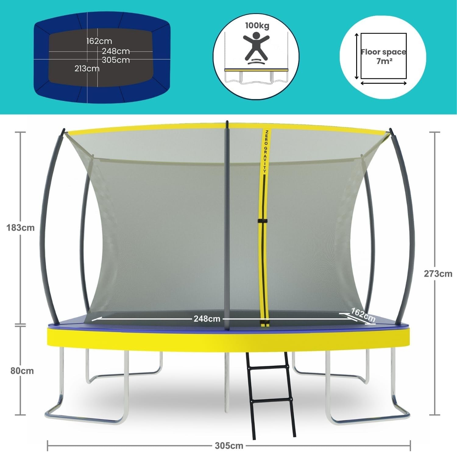 Rectangular Garden Trampoline 3.05x2.13m Safety Enclosure Ladder 100KG