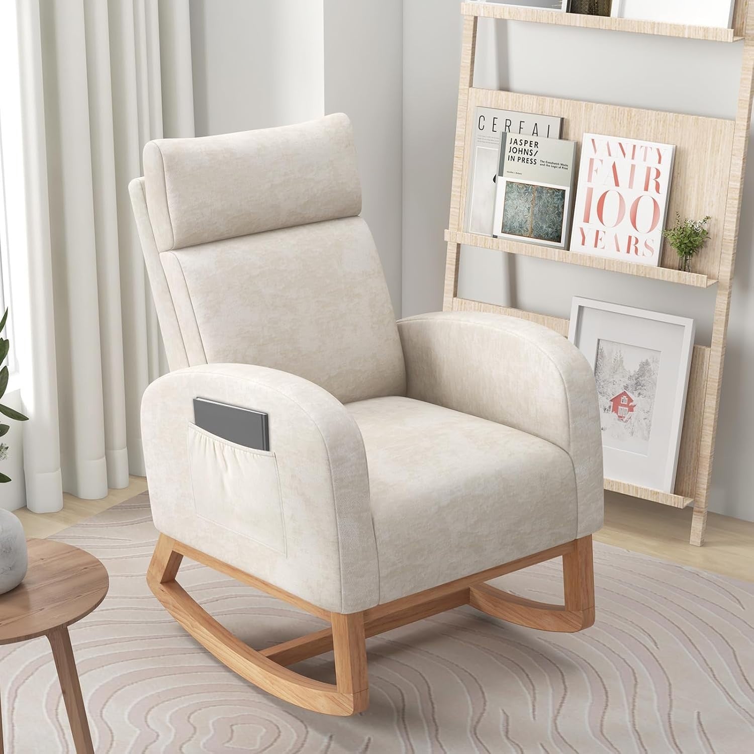 Modern Rocking Armchair w/ Soft Chenille, Side Pocket, Wood Base, 92cm