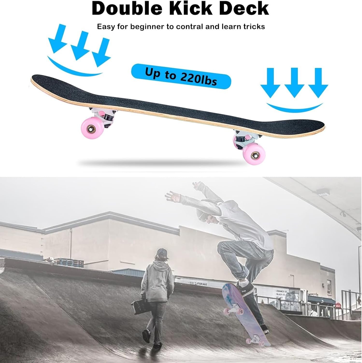 31x8 Maple Skateboard Complete Double Kick Pink Cruiser Beginner Teens
