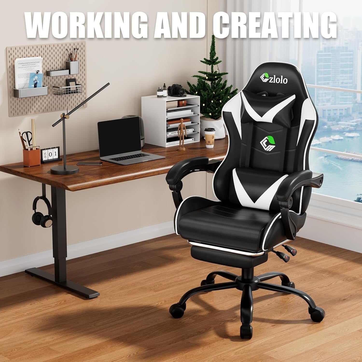 White Gaming Chair w/ Footrest Massage Lumbar Reclining