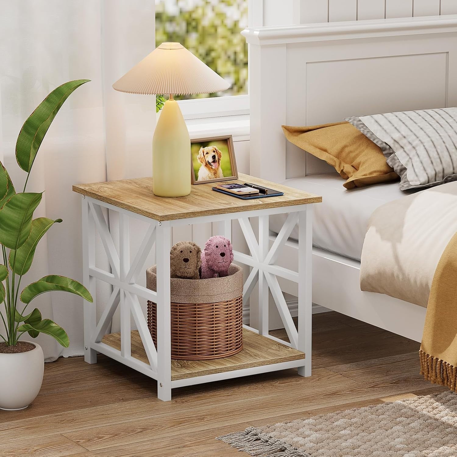 Oak 2-Tier Square Side Table 60x60x60 cm | Large End Table w/ Storage
