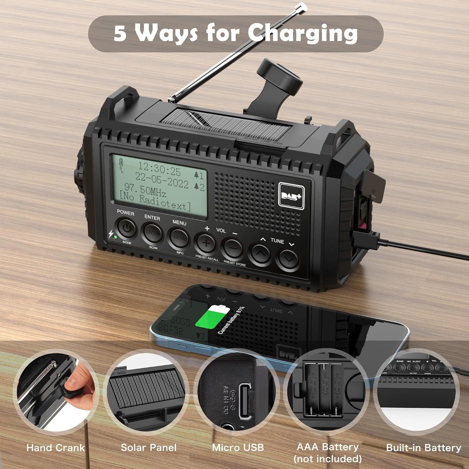 DAB+ Emergency Wind Up Radio Solar 5000mAh USB Charger SOS