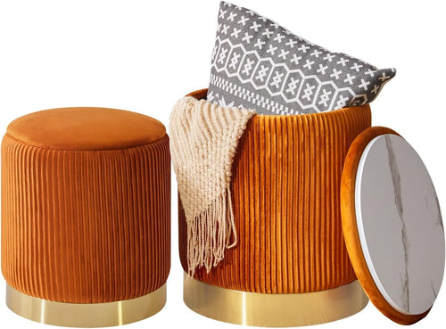 Set of 2 Velvet Storage Ottomans – Round Boucle Footstools & Side Tables Orange