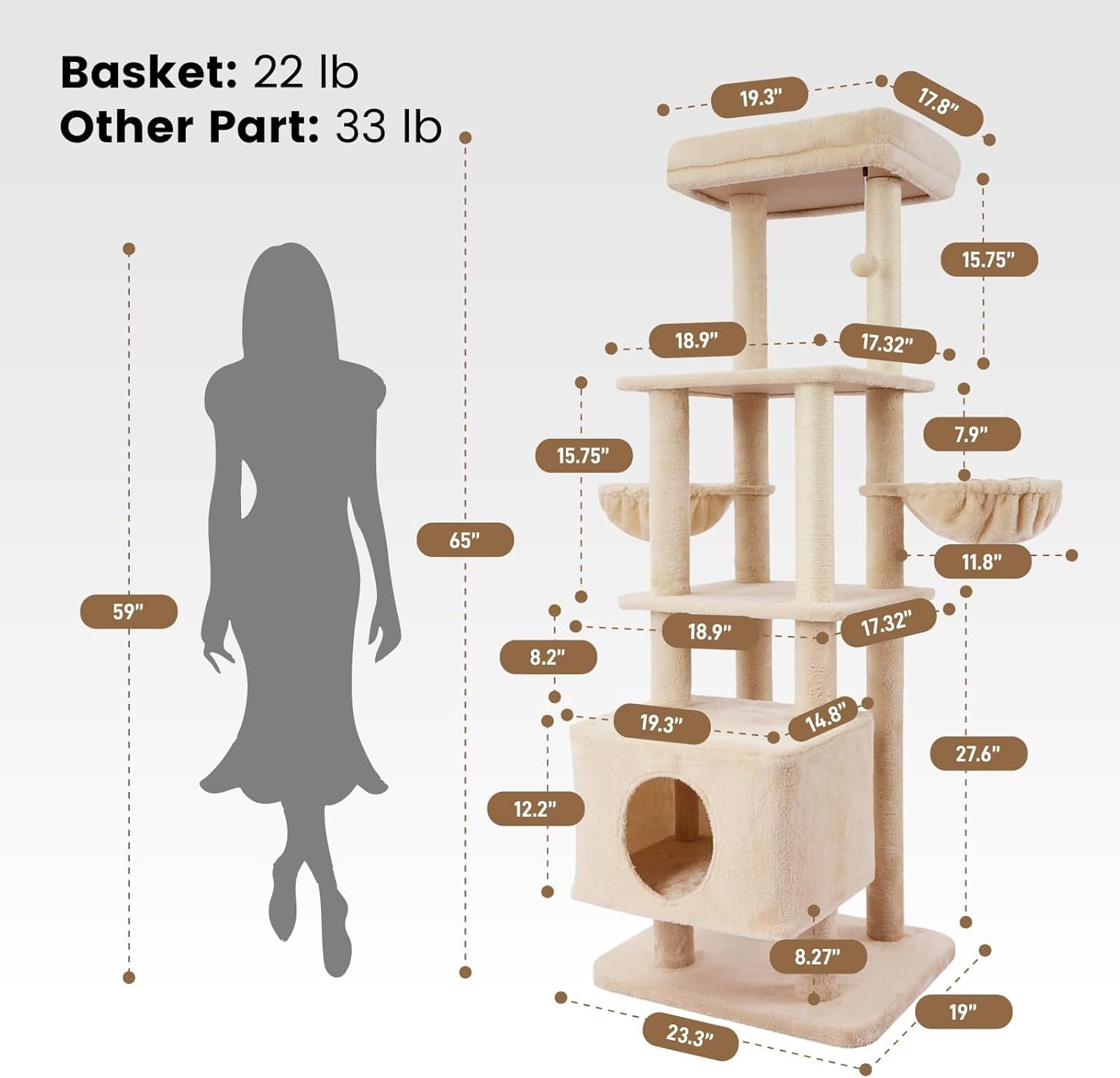 Large Cat Tree Tower 165cm 6 Level Scratching Post Condo Play