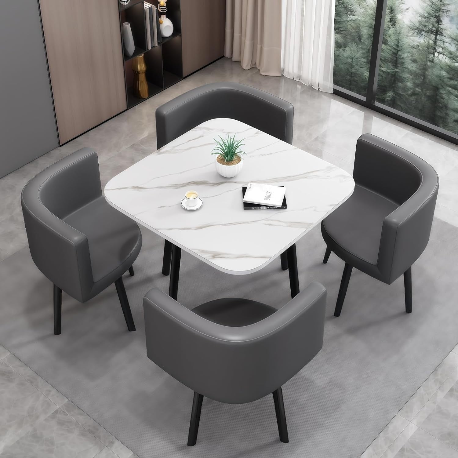 Modern White 35.4" Square Dining Table Set w/ 4 Chairs Space-Saving Faux Marble