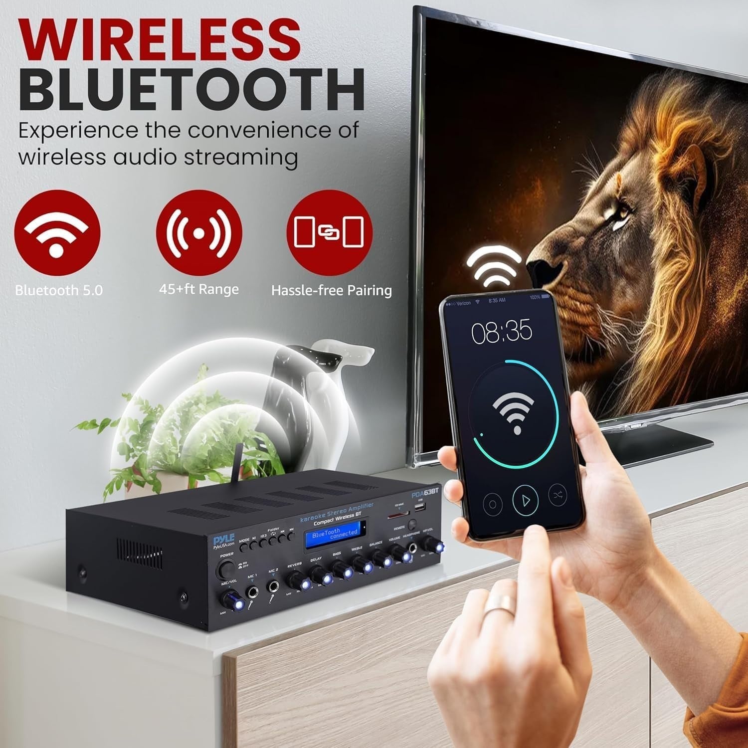 200W Bluetooth Stereo Amplifier Receiver with Mic Input USB SD RCA AUX Home