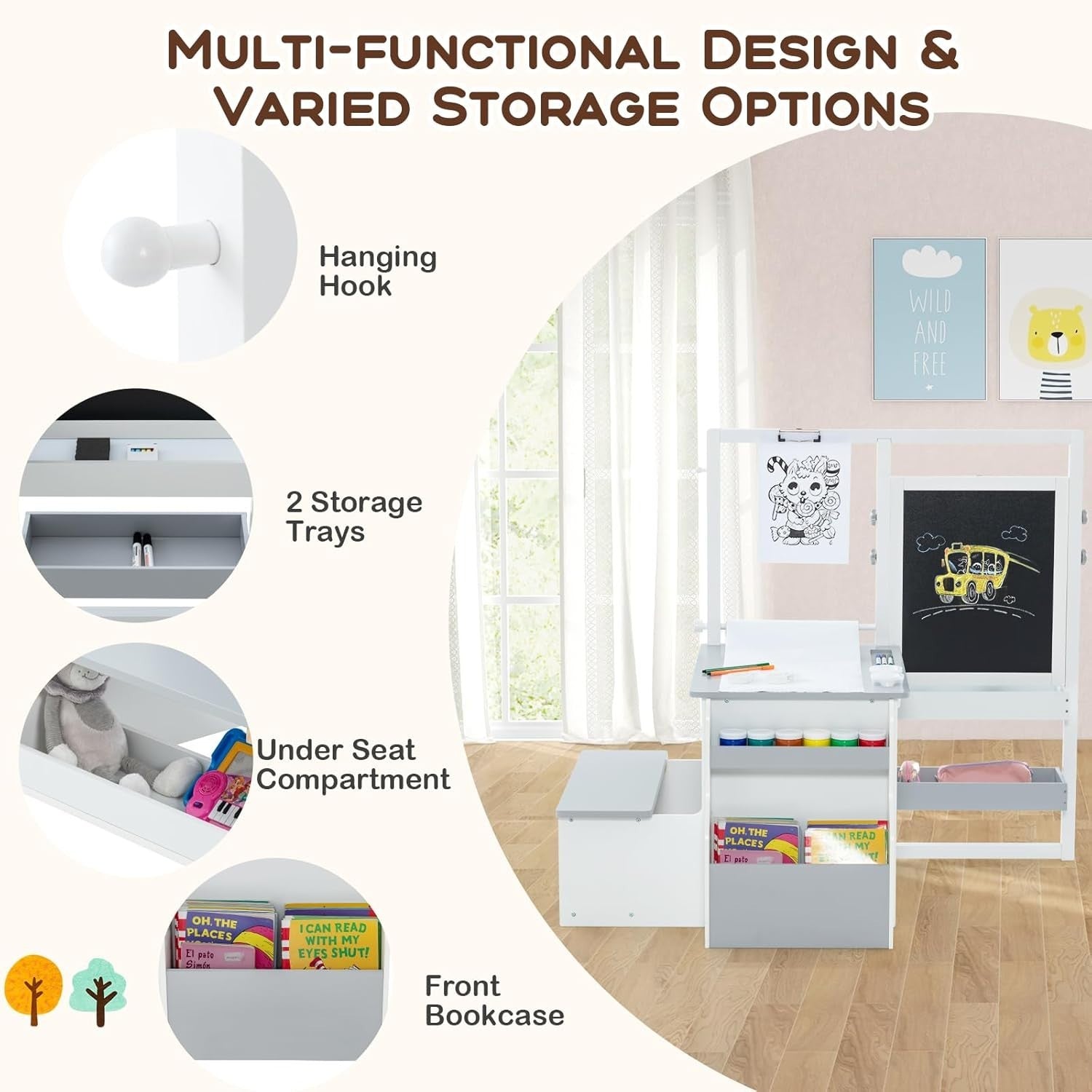 Kids Art Table with Double-Sided Easel, Storage, Paper Roll & Bench Set