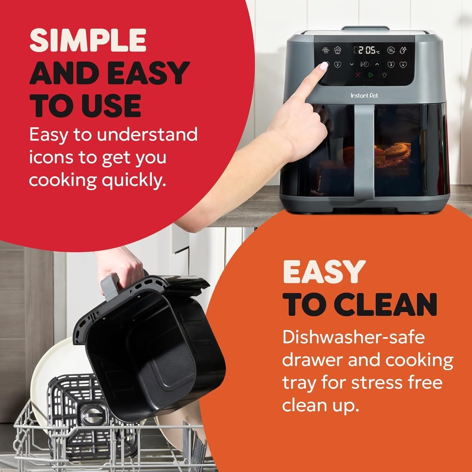 5L Compact Dual Window Air Fryer 4-in-1 Bake Reheat Dehydrate Easy Clean Grey