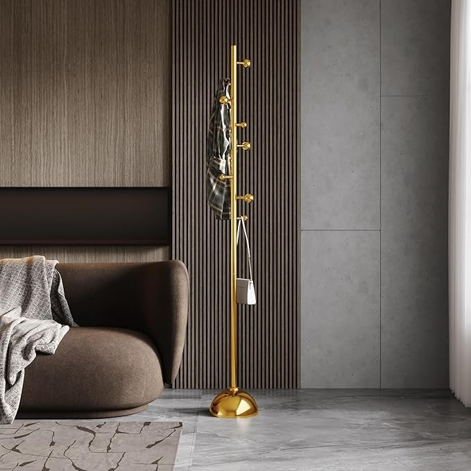 Gold Metal Coat Rack with 8 Hooks | Freestanding Modern Hall Tree for Bedroom
