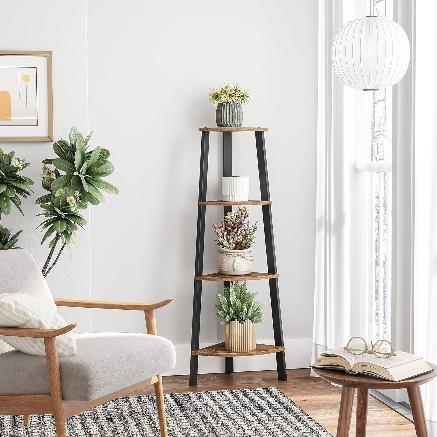 4 Tier Corner Ladder Shelf Rustic Brown Industrial Bookcase Plant Stand