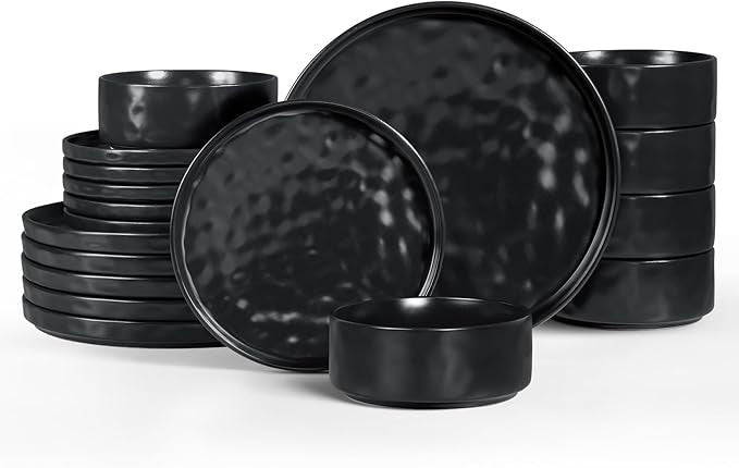 12pc Matte Black Stoneware Dinner Set Plates Bowls Modern Service for 4