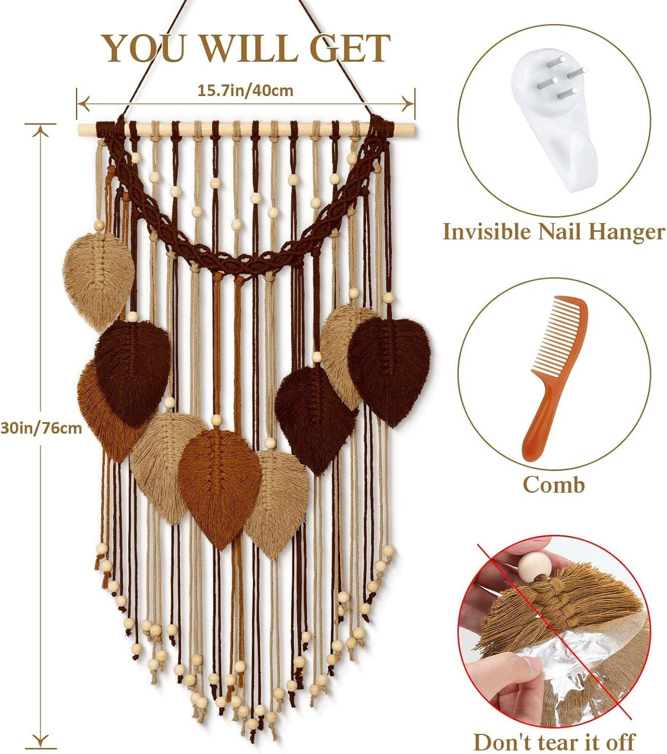 Macrame Wall Hanging Boho Leaf Woven Decor Khaki Brown