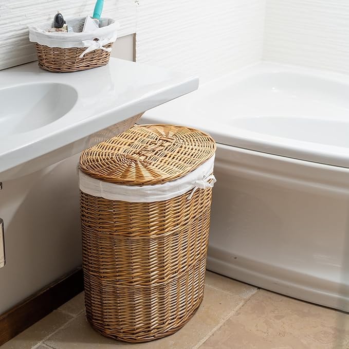 Large Oval Wicker Laundry Basket with Lid, Natural Willow Hamper 51×37×59cm