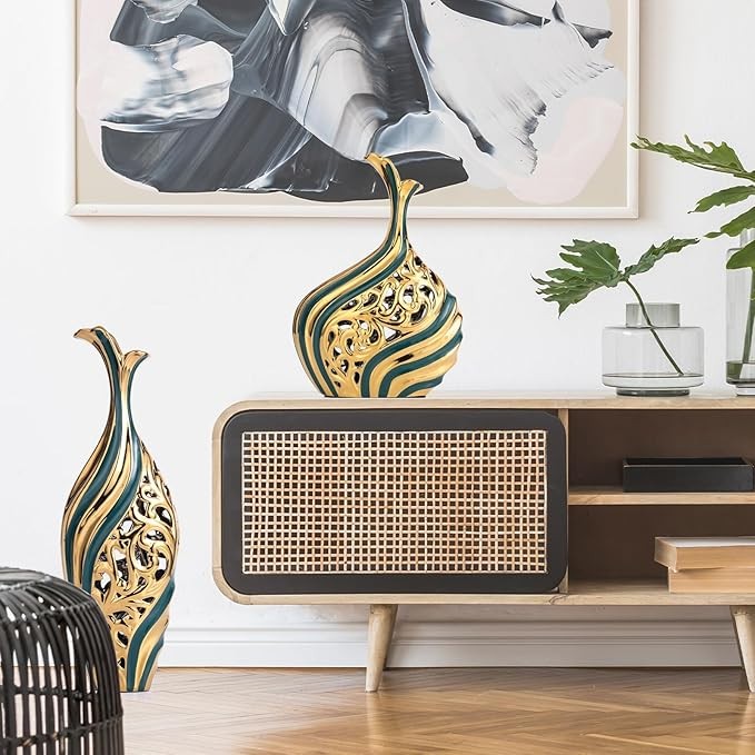 Tall Teal Gold Floor Vase 50cm Modern Luxury Pampas Grass Decor