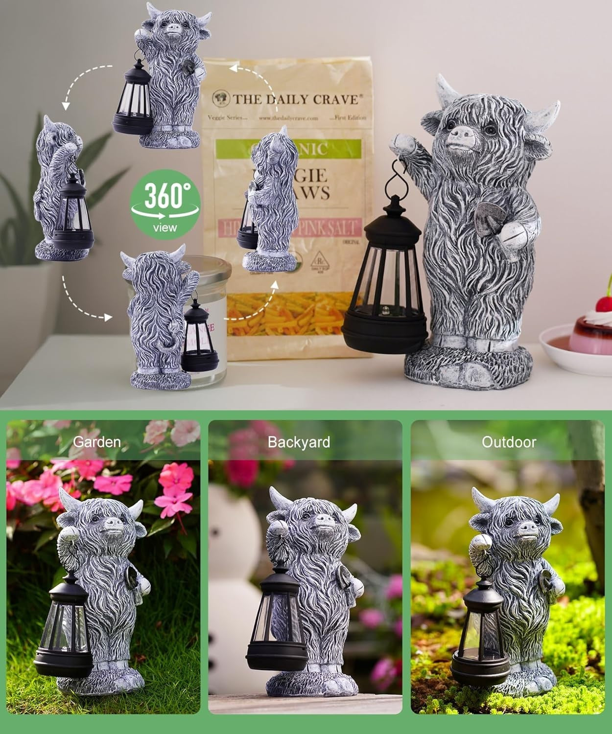 Solar Highland Cow Garden Ornament with Lantern | Outdoor Resin Statue Patio