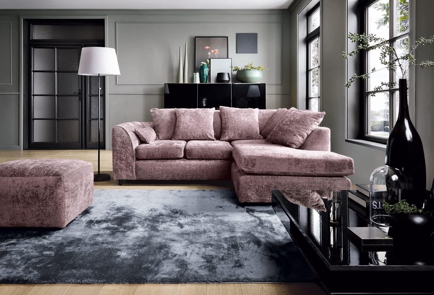 Pink Chenille Corner Sofa Right – Modern L Shape Couch for Living Room