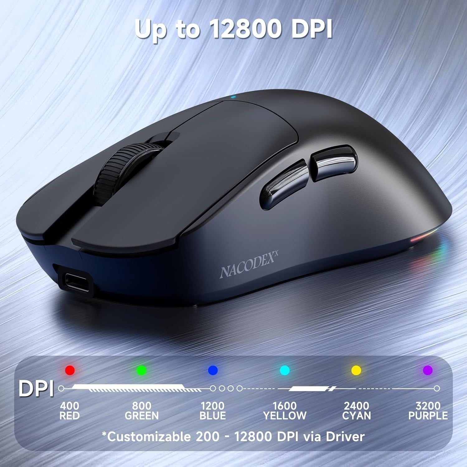 12800 DPI Tri-Mode Wireless Gaming Mouse 1000Hz RGB 70g Black