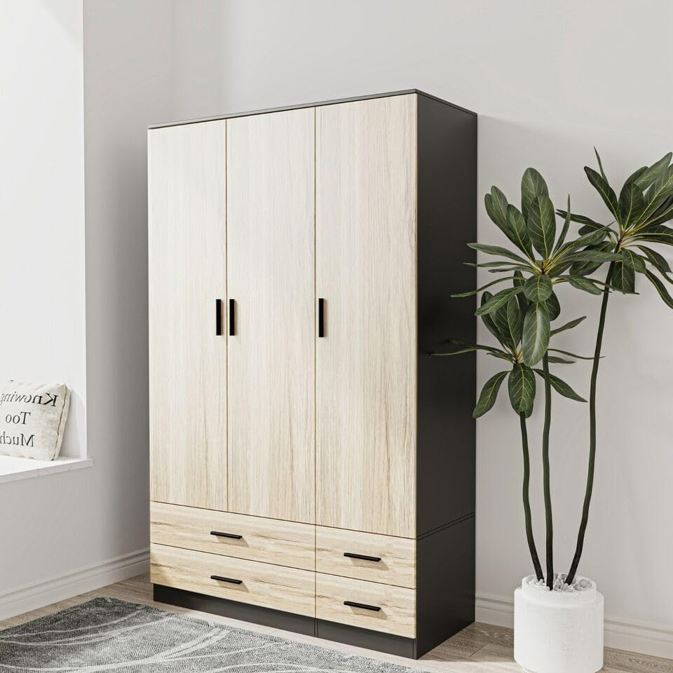 3 Door 4 Drawer Wardrobe Hanging Rail Bedroom Storage Black & Oak Organizer