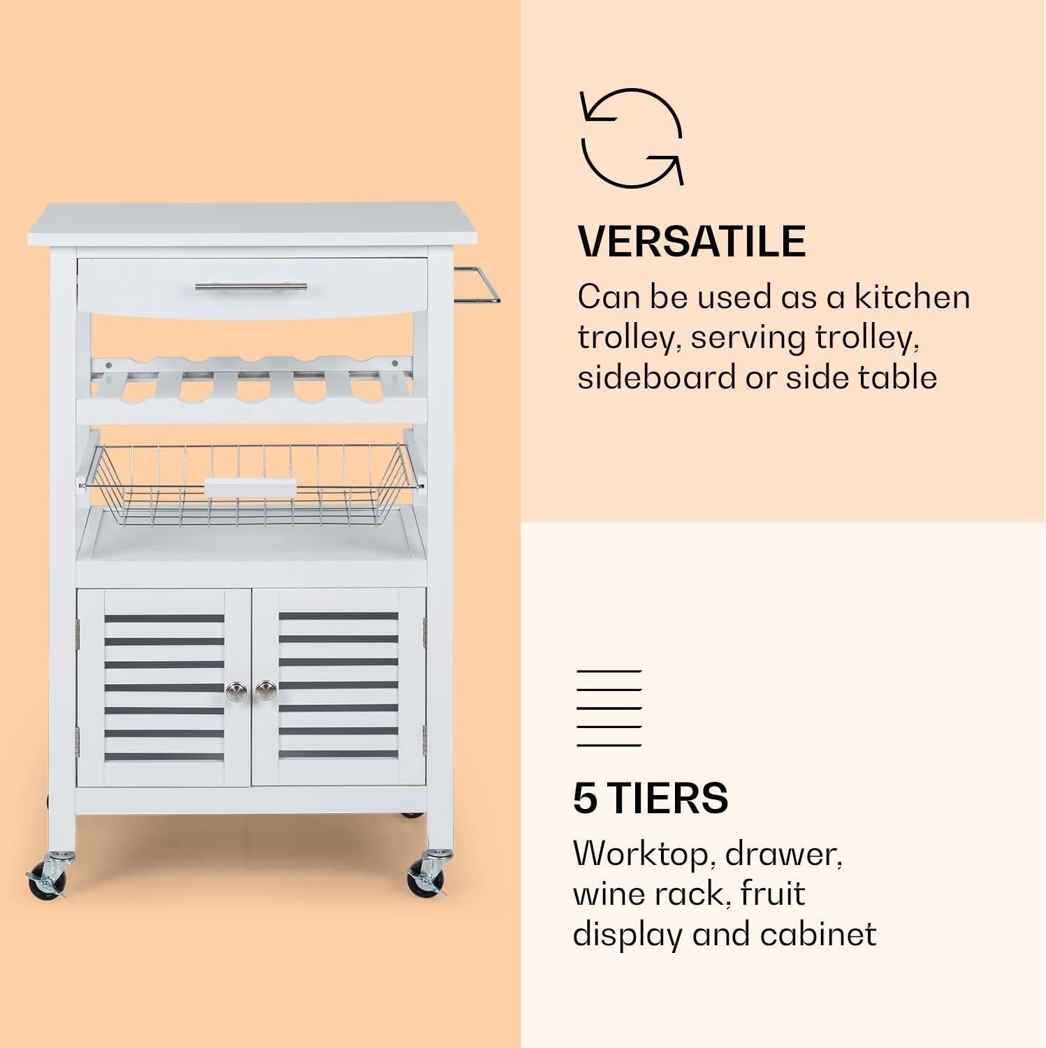 Slim Rolling Kitchen Trolley with 5-Tier Storage & Lockable Wheels, White