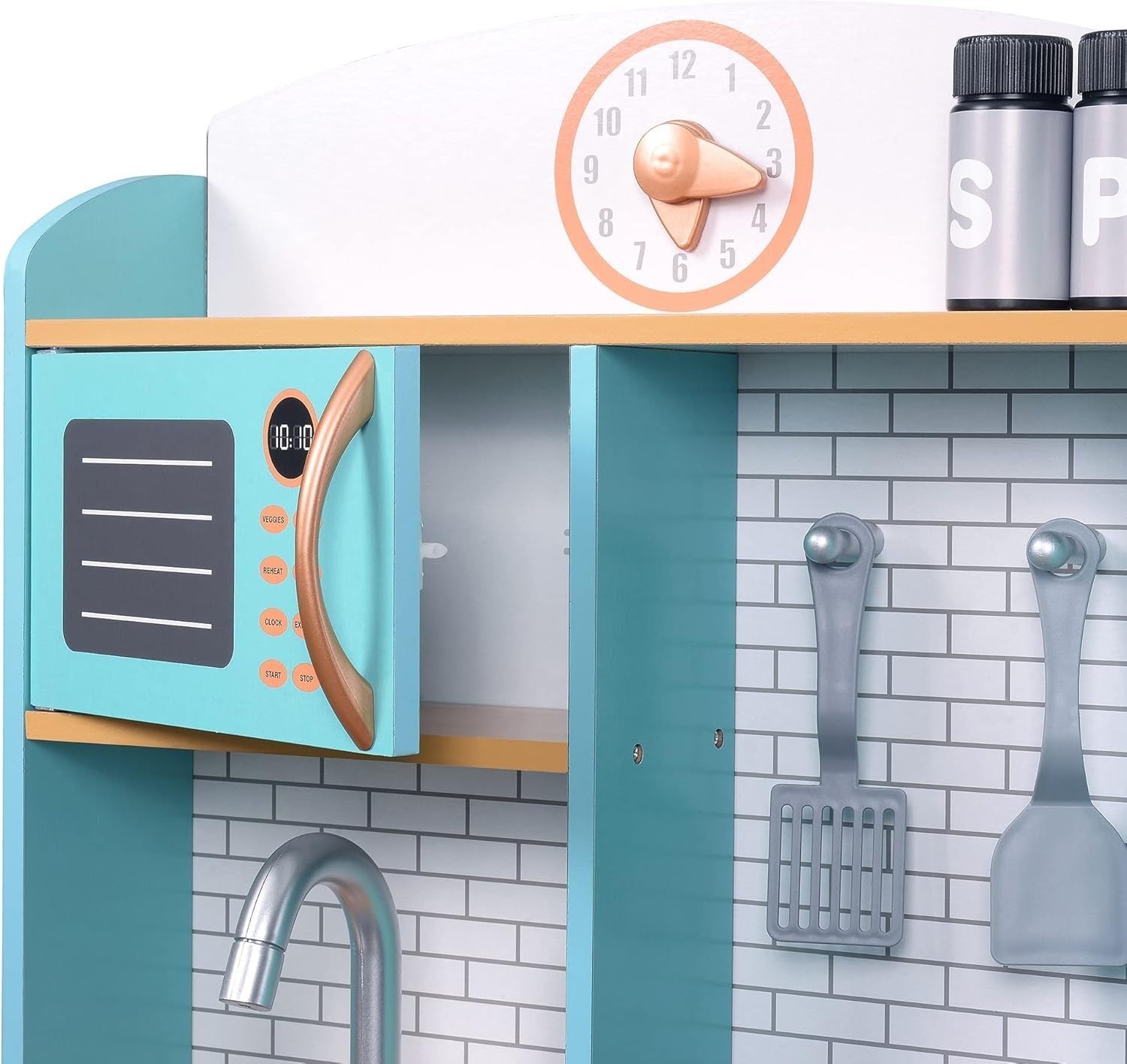 Retro Wooden Kids Play Kitchen Blue Pretend Cooking Toy Set