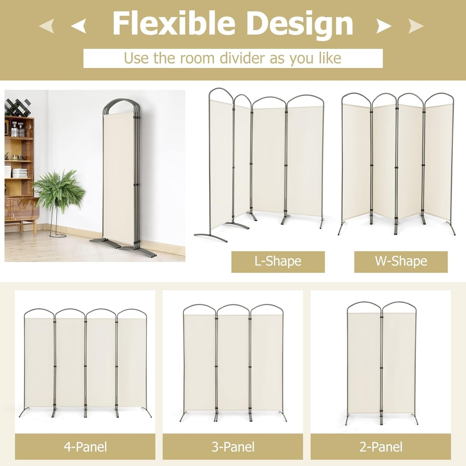 4 Panel Cream Folding Room Divider Privacy Screen for Bedroom Office 188cm High