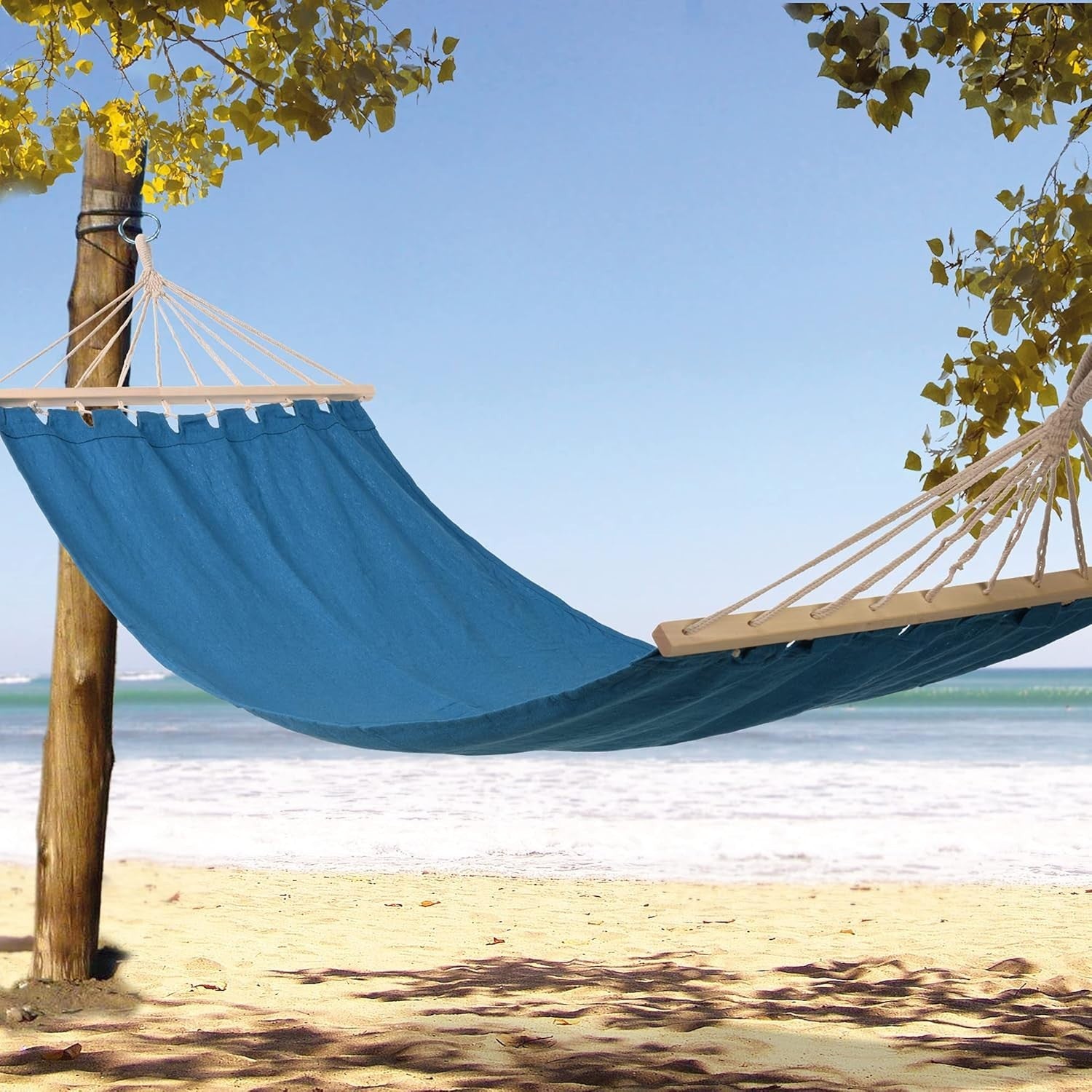 Blue Canvas Garden Hammock | Strong Hanging Swing Bed for Outdoor Relaxing