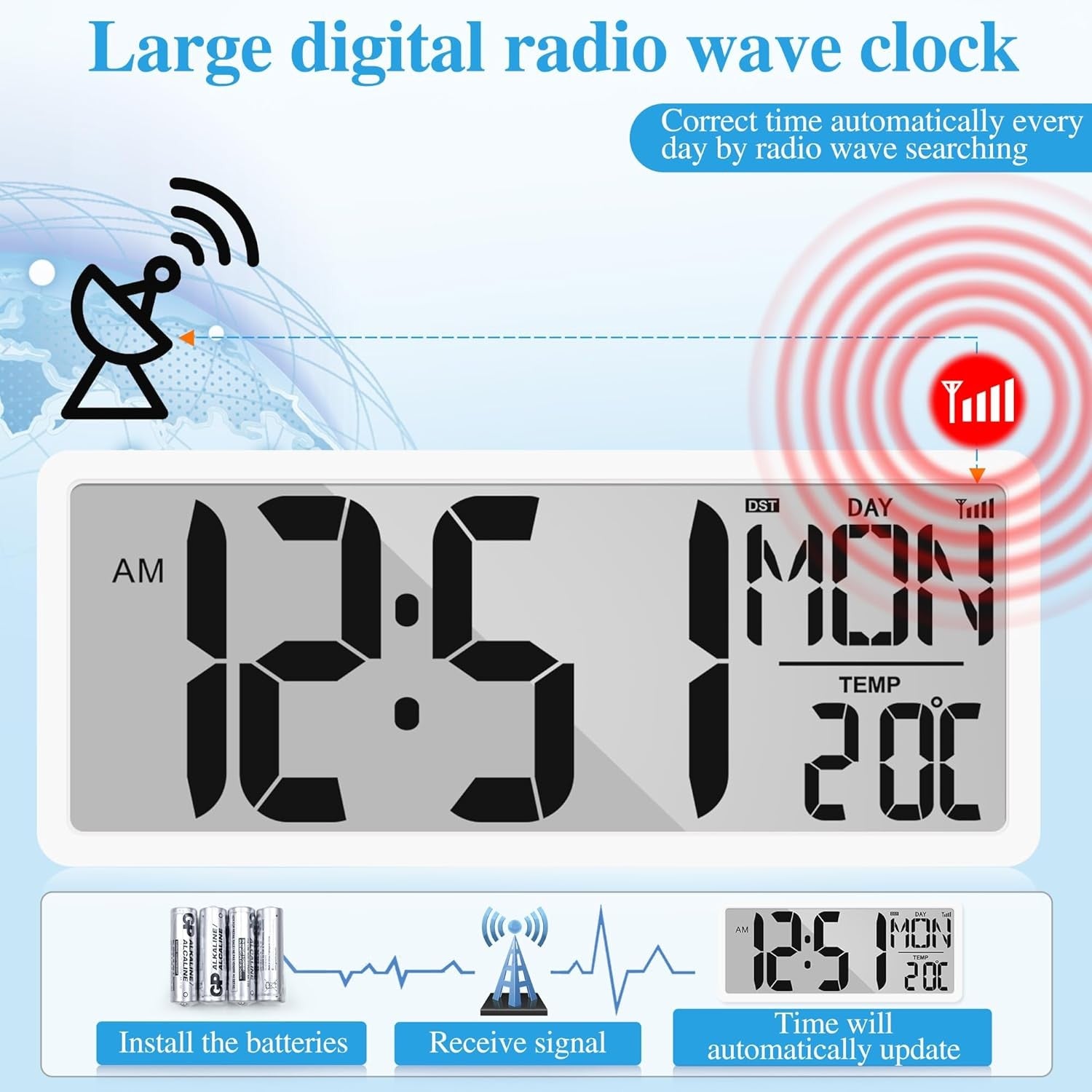 Atomic Digital Wall Clock 15'' Large Display Alarm Date Temperature Battery